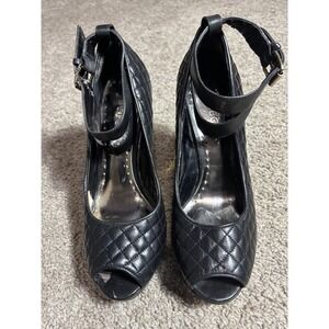 BCBGeneration Black Quilted Peep Toe Platform Pumps Gold Block Heel Ankle Strap7